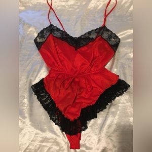 Vintage lace nylon teddy/romper red and black